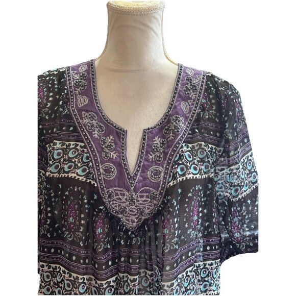 Studio Y Sheer Floral Paisley Beaded Blouse V Neck Sz XL Purple Whimsigoth - Picture 2 of 11